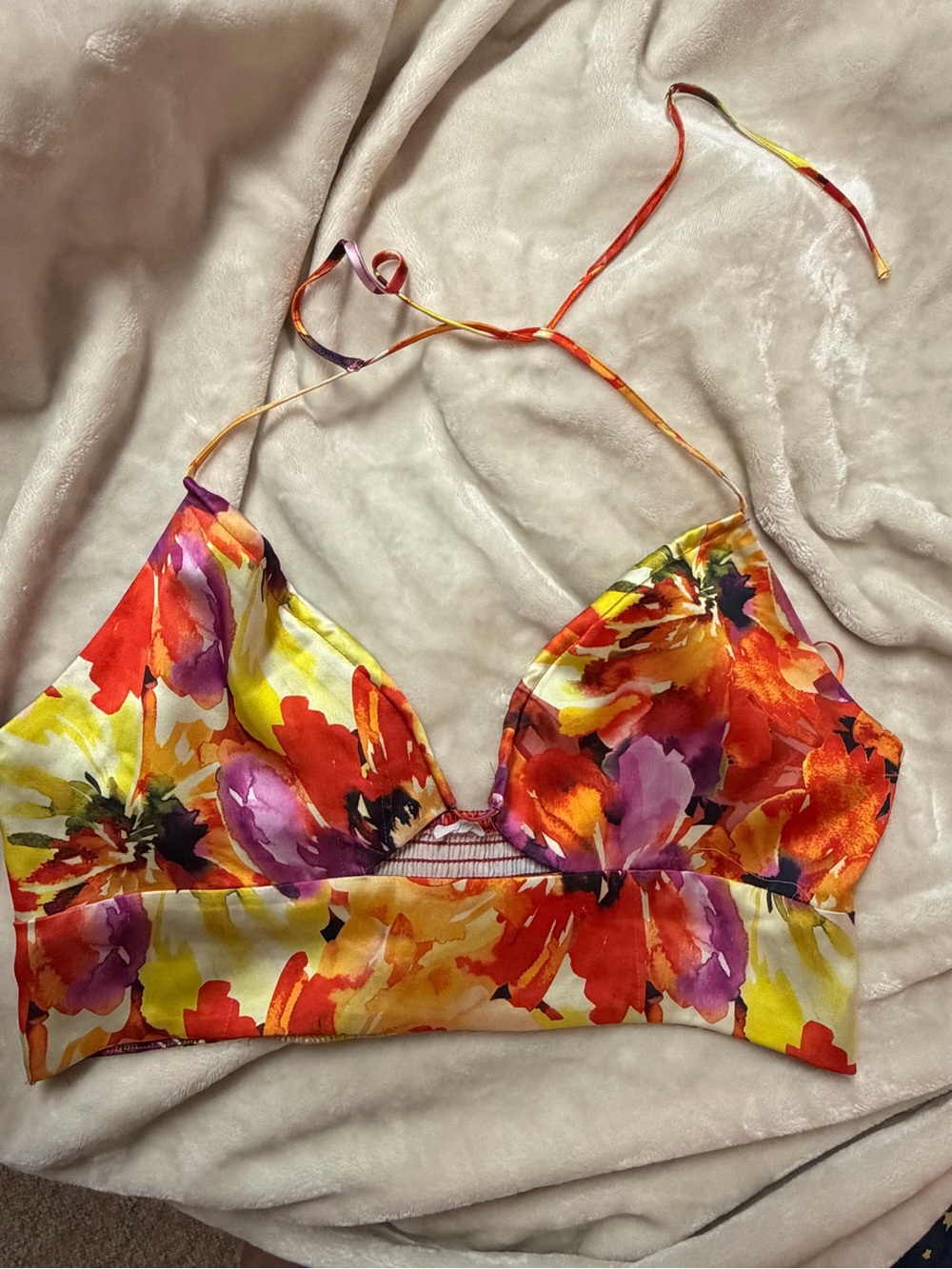 Dynamite Yellow Red Purple Floral Halter Bralette